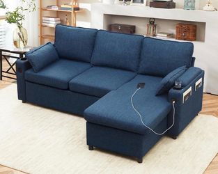 Multifunctional Pull-Out Sectional Sofa Bed – With Storage, USB Ports, and Cup Holders; Suitable for Apartment Living Rooms (Blue)