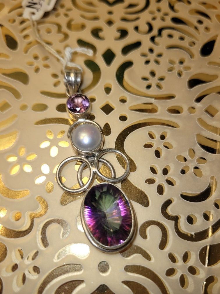 New 2.5" Long Mystic Topaz Peatl Amethyst Pendant
