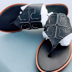 Tory Burch Weston Full Logo Thong Black & Brown Leather Size 9.5 