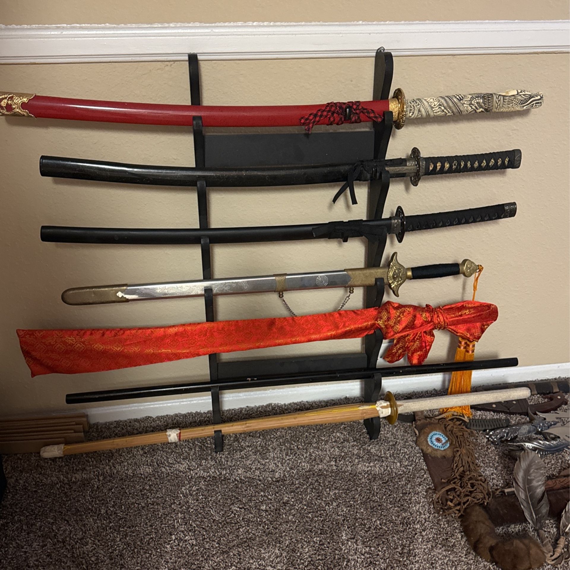 Weapons collection “toy” swords, knives, blades, Indian staff, Hanwei Shinto