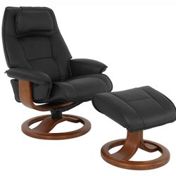 Fjords Admiral R Luxury Black Leather Mid Century Ergonomic Swivel Recliner Chair with Ottoman