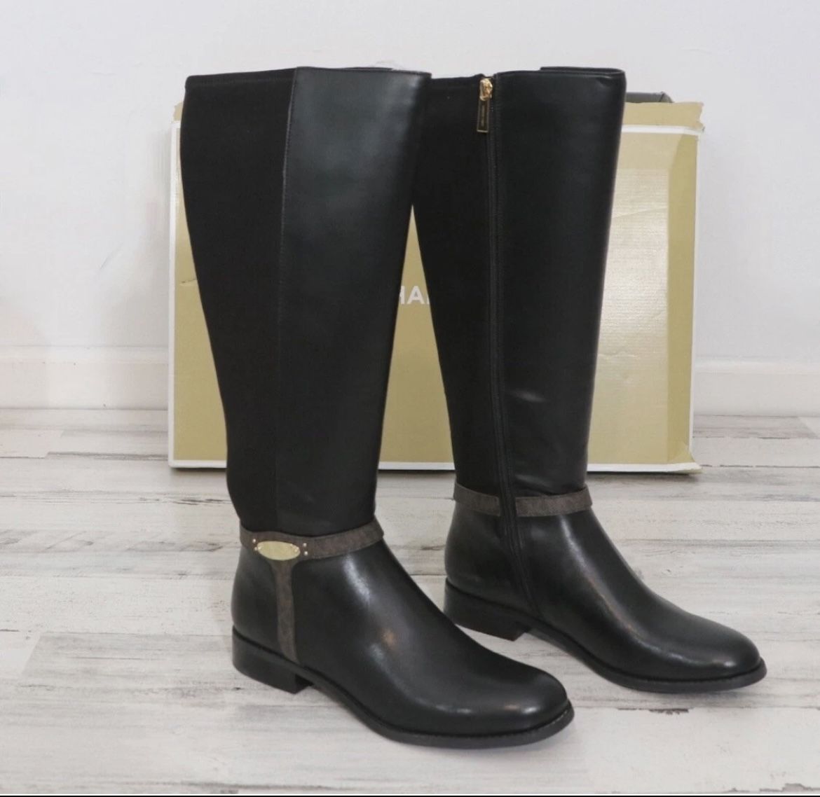 Michael Kors Black Leather Knee-High Riding Boots Size 7 Stretch Back | NIB