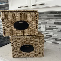Pair of wicker baskets with removable wooden hanging label (you can use chalk and then erase)