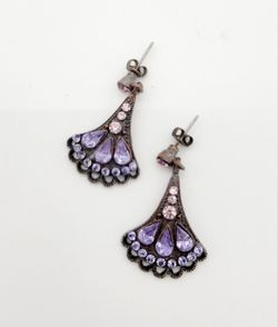Silver Colored Antique-Looking Purple And Pink Gem Fan Post Earrings