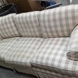 Tan And White Check Fabric Couch With Matching Arm Chair $125 . City Of Orange 🍊 Come With Extra Fabric. 