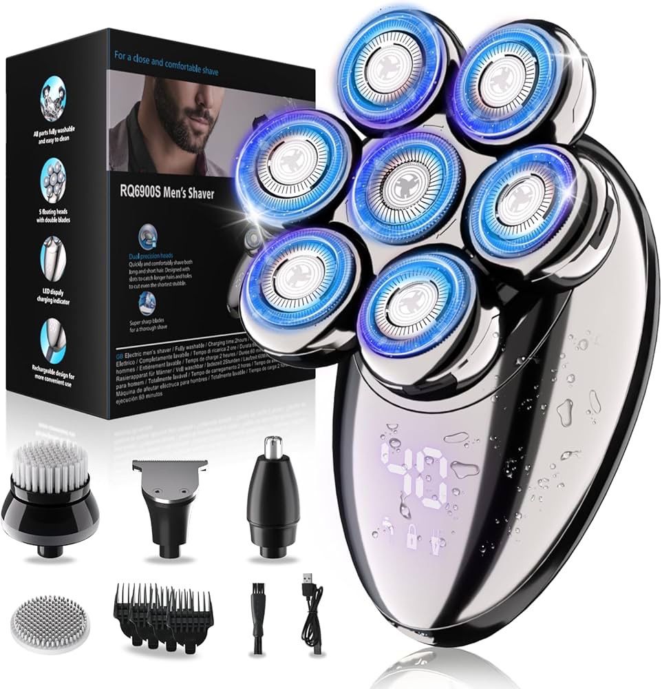 Head Shavers for Bald Men, Electric Razor, IPX8 Waterproof Dry/Wet Bald Head Shaver with 10000 RPM High-Speed Motor, Rechargeable Head Razor with LED
