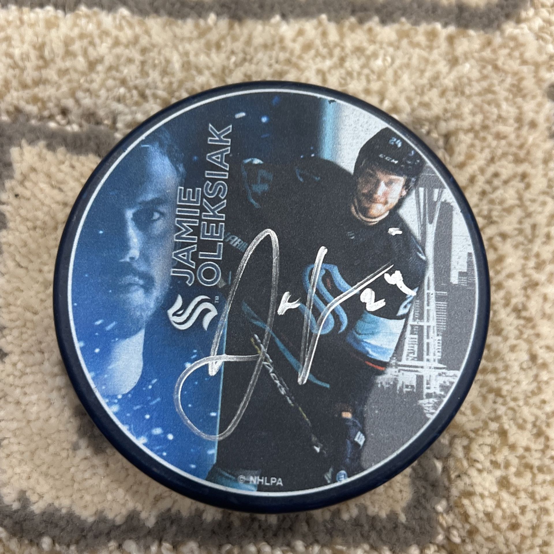 Seattle Kraken Jamie Oleksiak Signed Inaugural Season Photo Puck