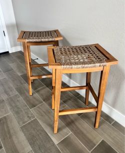 Set of 2 Wood and Woven Rattan Bar Stools