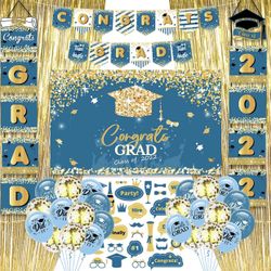Blue and Gold Graduation Party Supplies 2022 Pack Including a Blue Grduation Backdrop, Graduation Banner, 30 Graduation Balloons, Graduation Door Sign