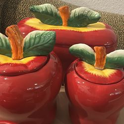 Vintage Ack Casa Vero  Hand Painted Ceramic Apple cookie jars/pantry set