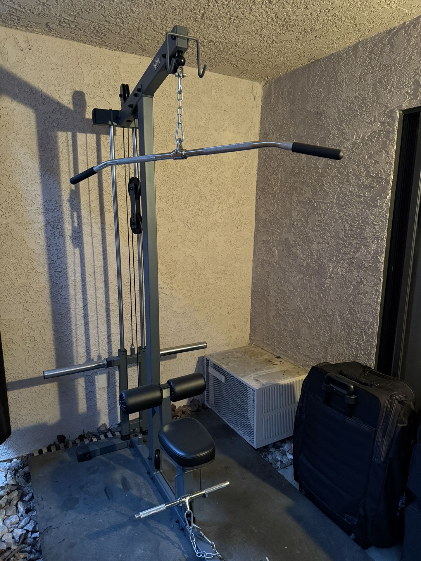 Lat Pulldown and Low Row Cable Machine with High and Low Pulley Stations and Flip-Up Footplate