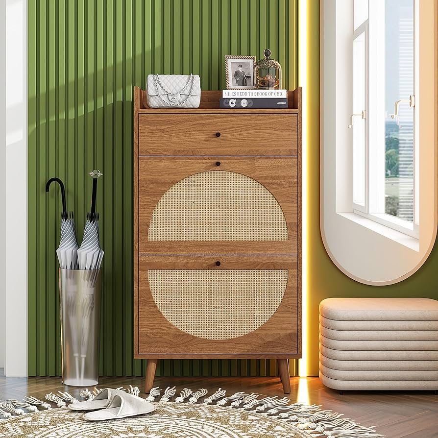 Rattan Shoe Cabinet,Modern simple storage cabinet Japanese rattan Shoe cabinet,Freestanding Shoe Rack with Mirror Cabinet,for Entryway,Entrance Hallwa