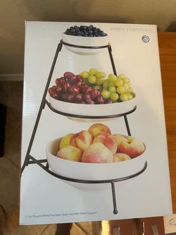 White Essentials 3-Tier Porcelain Bowl Set with Metal Stand