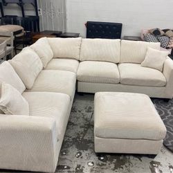 New Corduroy Sectional.  Beige, Black, Grey, Green.  99” X 99”.  Free Delivery!