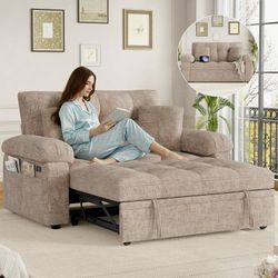 Assembled Modern Sleeper Sofa with Pull-Out Bed, Space-Saving Loveseat with USB Charging Port & 4 Side Storage Pockets & Cushions for Living Room Apar