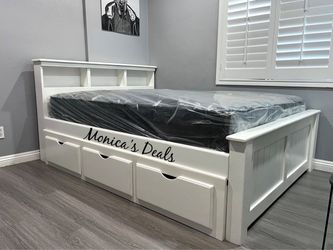 Queen Solid Wood Bed With 3 Drawers And Mattress $760
