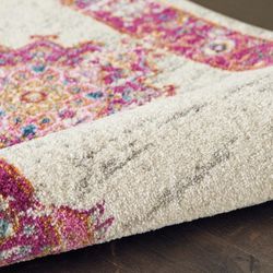 Stunning Turkish Area Rug Ivory/Fuchsia 9' x 12' , Boho, Traditional, Easy-Cleaning, Non Shedding - Bed Room, Living Room, Hallway
