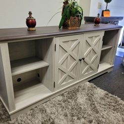 New 70 in. Long White Wash Farmhouse Design Cabinet Doors TV Stand w/ Dark Brown Top