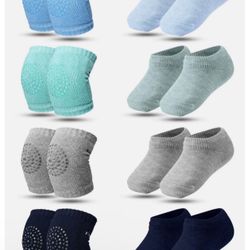 8 Pairs Crawling Knee Pad Non-Slip Socks Set Knee Protector Toddler Leg Warmer Unisex Soft Cotton Socks for Baby Toddler (Green, Light Gray, Blue and 