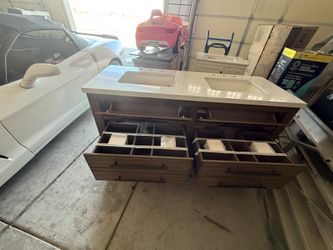 allen + roth Kennilton 60-in Gray Oak Undermount Double sink Bathroom Vanity with White Carrera Engineered stone Top Item #889771 | Model #WSLW60IFV