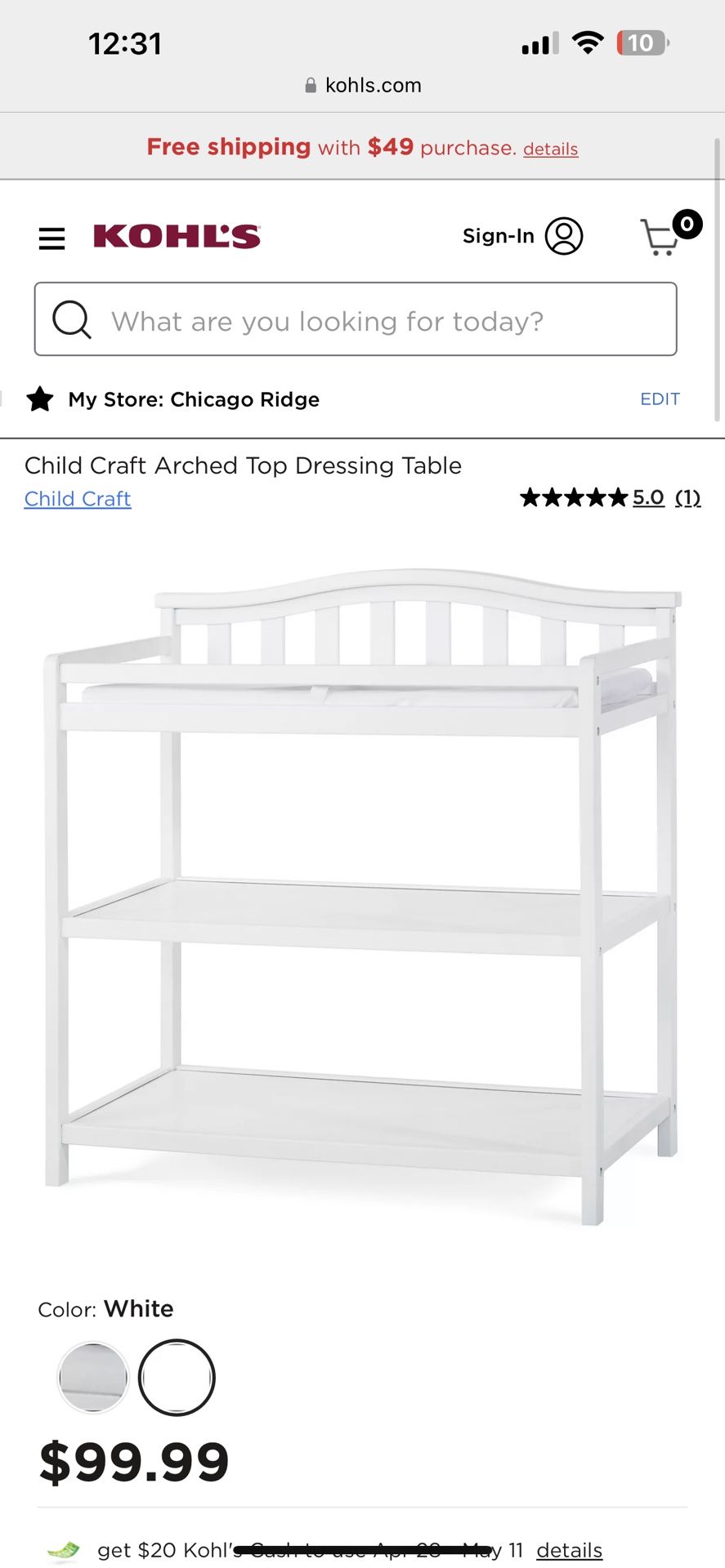 Child Craft Arched Top Changing Table With Changing Pad