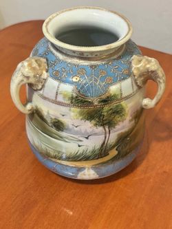 Antique Nippon Porcelain Elephant Head 3 Handled Vase 6”H