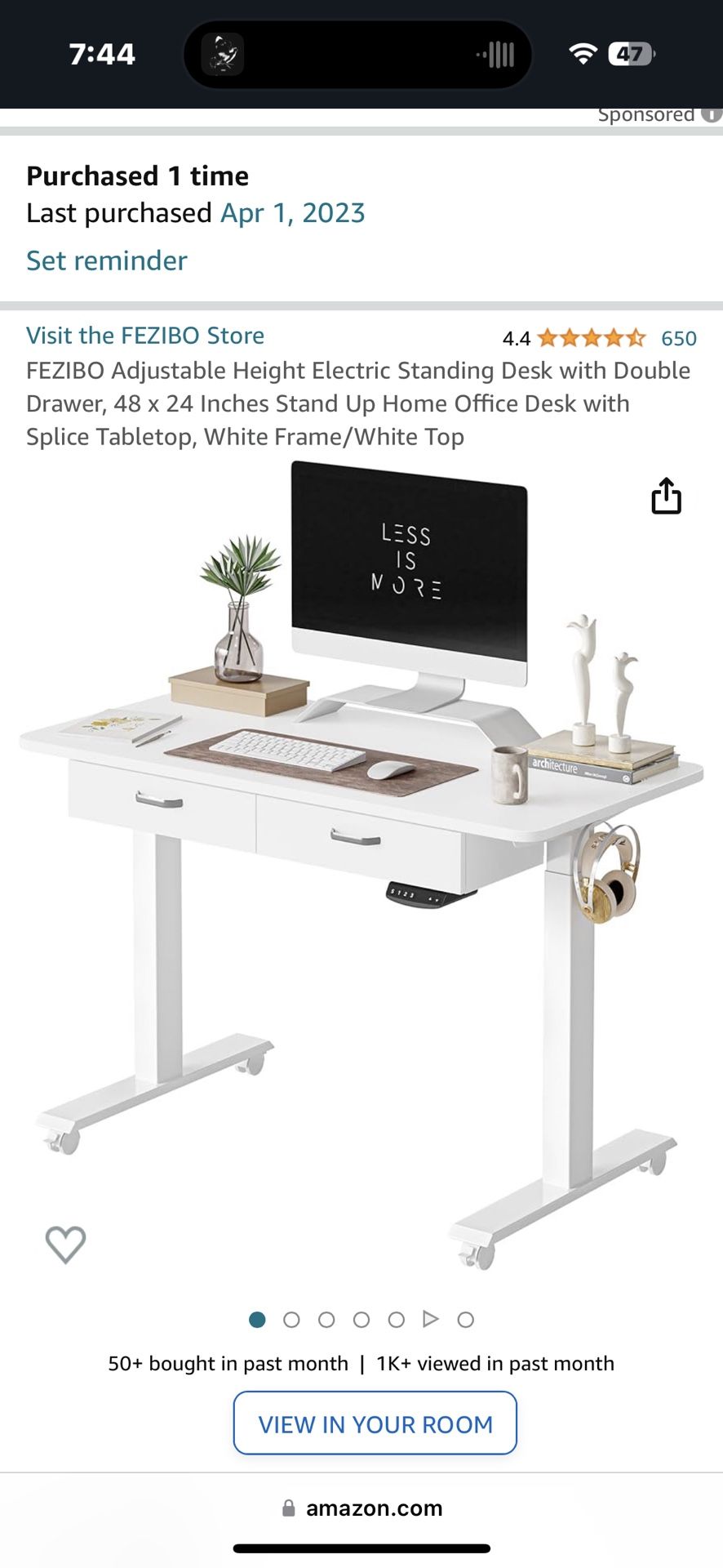 FEZIBO Adjustable Height Electric Standing Desk with Double Drawer, 48 x 24 Inches Stand Up Home Office Desk with Splice Tabletop, White Frame/White T