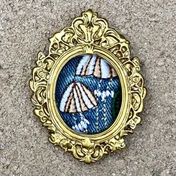 🍄🟫 Darling mini miniature embroidered brown mushroom art in ornate gold oval frame