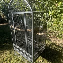Bird Cage With Bowls And Branch
