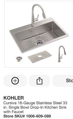 KOHLER Cursiva 18-Gauge Stainless Steel 33 in. Single Bowl Drop-In Kitchen Sink with Faucet