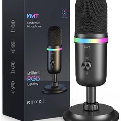 WMT USB Microphone, Condenser Gaming Microphone for PC/MAC/PS4/PS5/Phone- Cardioid Mic with Brilliant RGB Lighting Headphone Output Volume Control, Mu