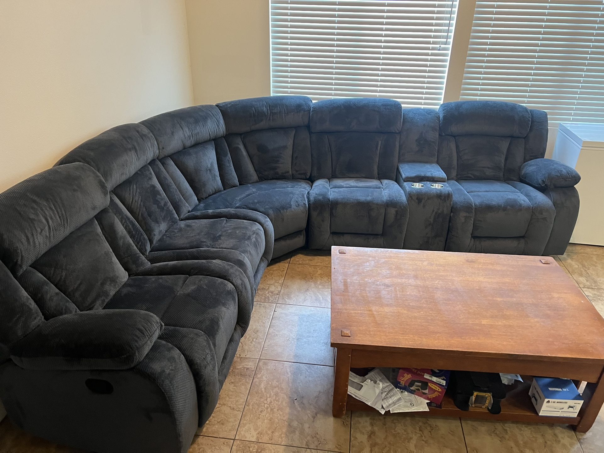 New Reclining Sectional. Blue Grey Or Dark Grey Suede. 113x100x40H. Free Delivery!