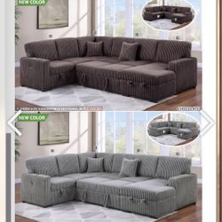 Sleeper Sofa Sectional With Soft Fur Like Corduroy Fabric