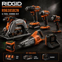 RIDGID R9638SB2N 18V Cordless 6-Tool Combo Kit Brand New