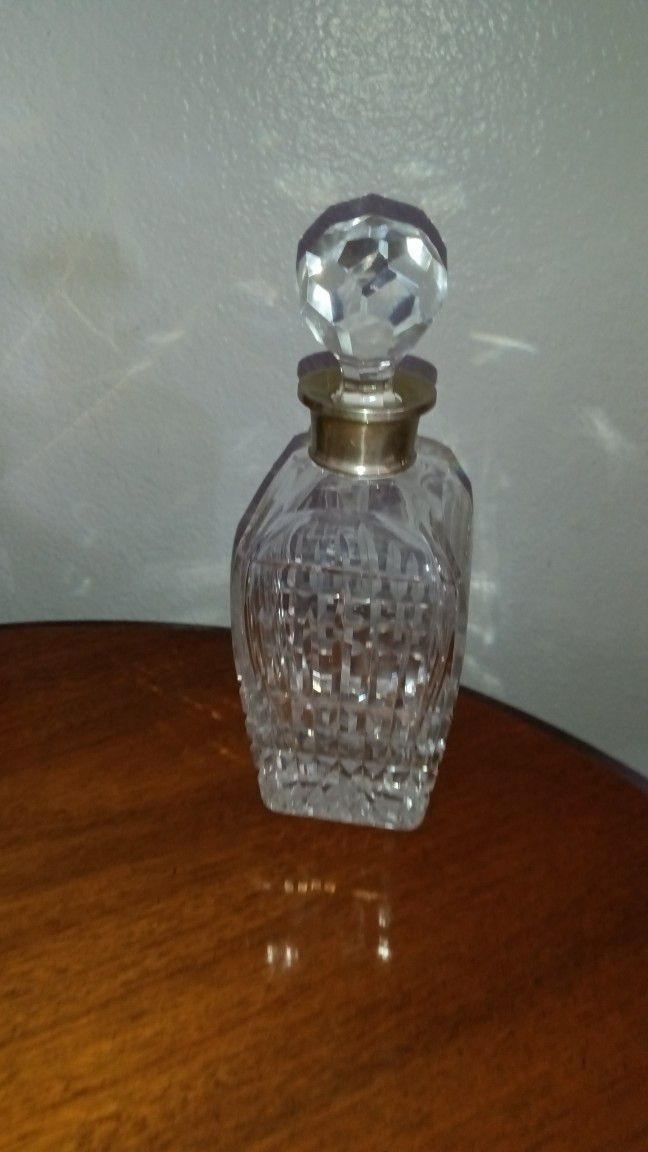 Marked Silver Collar Heavy  Cut Glass Decanter 