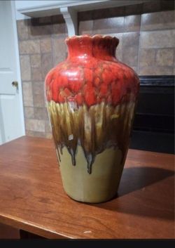 8.5" Hand Made Red/Brown/Tan Drip Glaze Vase