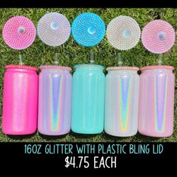Glass Cans 16oz Clear Or Glitter Or Frosted 