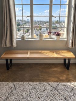 Slatted Wood-Tone Bench, 72 inches, Black Supports