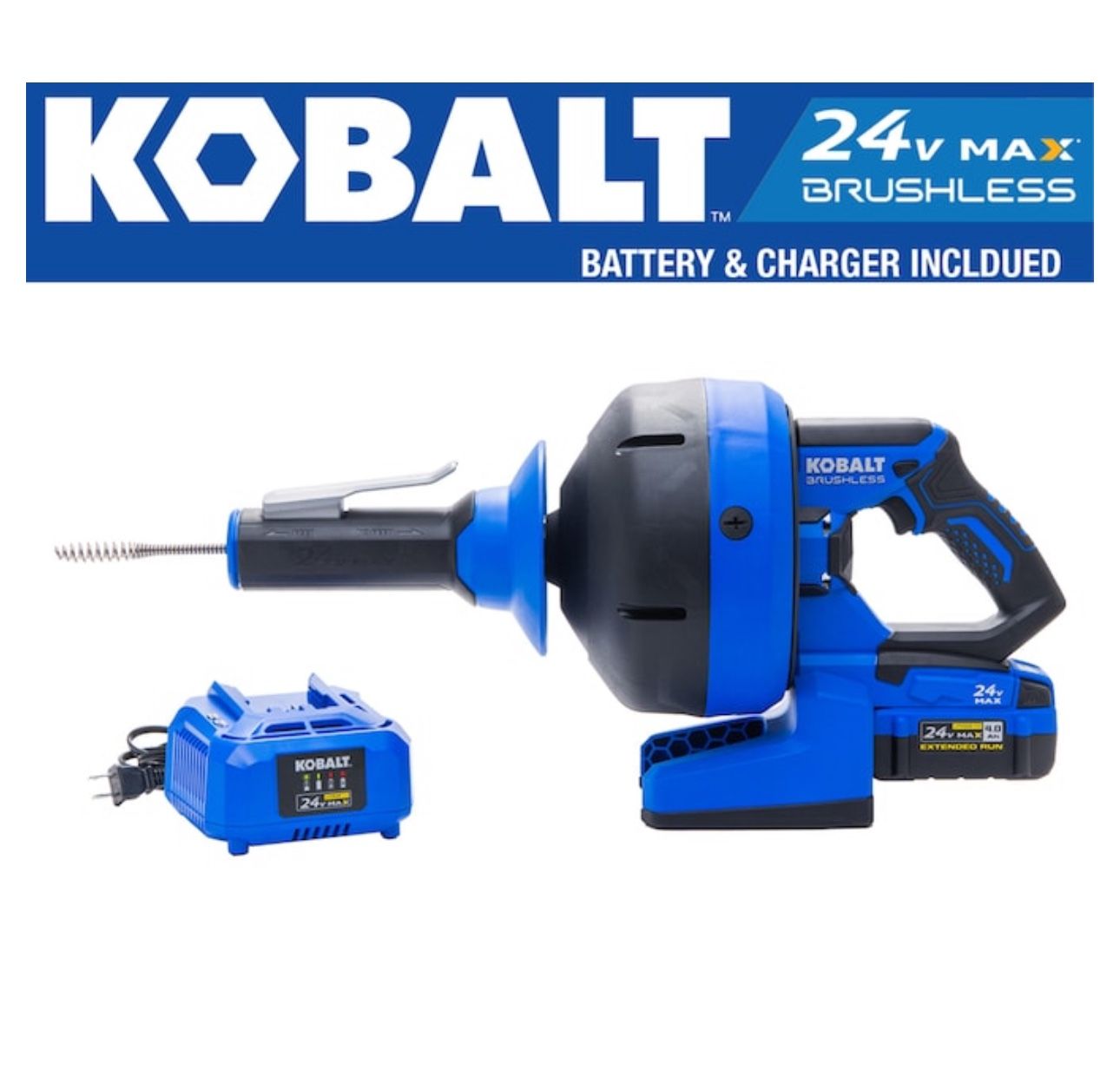Cordless Kobalt 24v 5/16-in dia x 35-ft L Galvanized Wire Drain Cleaner Auger Charger And Battery Included