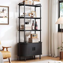 71" Tall Bookshelf, 4-Tier Book Shelf with Storage Cabinet, Modern Bookcase with Sliding Door and Adjustable Footpad, Freestanding Storage Organizer B