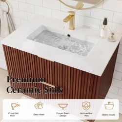 30-inch floating bathroom vanity with sink, wall-mounted, made of oak. Integrated ceramic sink.