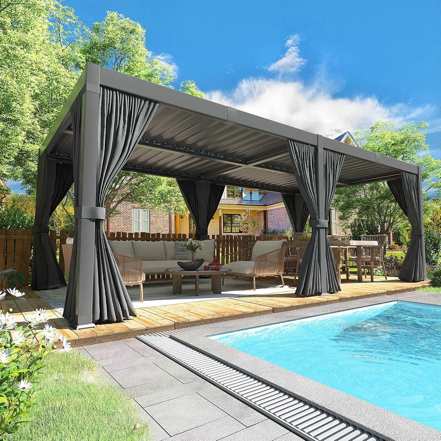 20 ft. W x 10 ft. D Aluminum Pergola with Adjustable Louvered Roof, Waterproof Curtains and Nets
