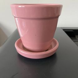 Vintage Glazed Pink Flower Pot With Attached Saucer, 3.75” Tall