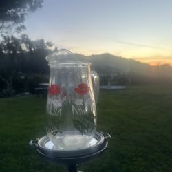 Vintage Charming Clear Red White Glass Pitcher with Floral Pattern