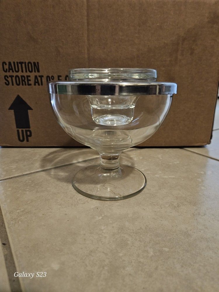 Vintage Jeannette Glass Shrimp Cocktail Chiller W/ Slotted Metal Lid & Insert
