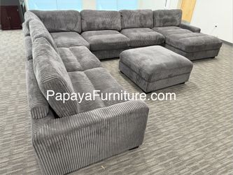 NEW Grey Fabric Modern Modular Sectional couch and Chaise Set Ottoman Lounge Deep Seating Ashley Jerome Mathis Style Discount Oversize Large BIG SALE 