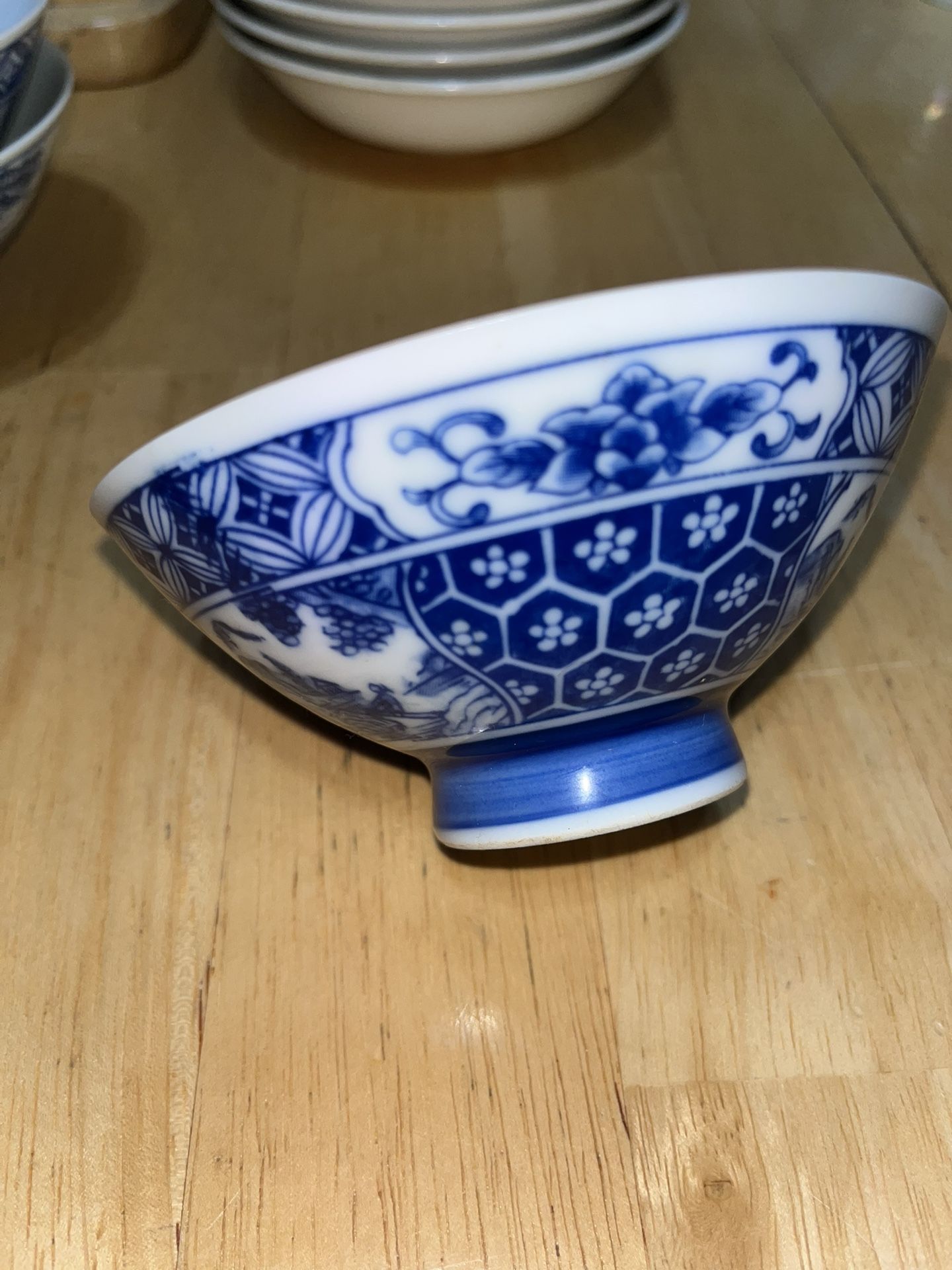 Vintage Chinese or Japanese Blue White Porcelain Floral & People Rice Tea Bowl