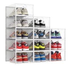 Pinkpum XXL Larger Shoe Storage Boxes Fit Size 14, Clear Plastic Stackable Shoe Organizer 12 Pack Sneaker Storage for Sneakerheads Shoe Containers