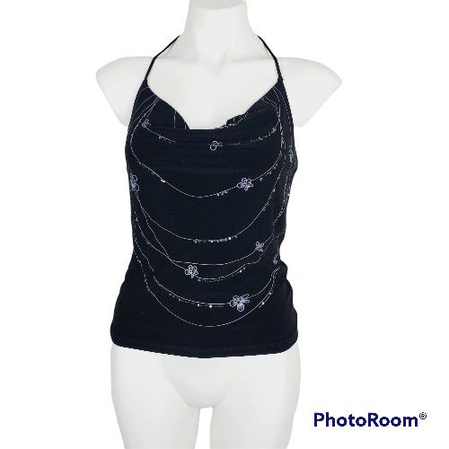 Yoo n Me black halter top with sequin and flowers size Large vintage