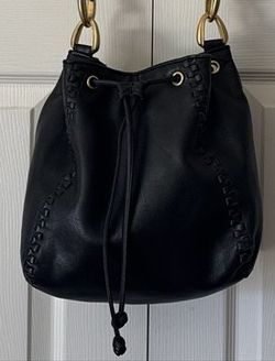 Macy's Genuine Leather Drawstring Crossbody Purse – Black